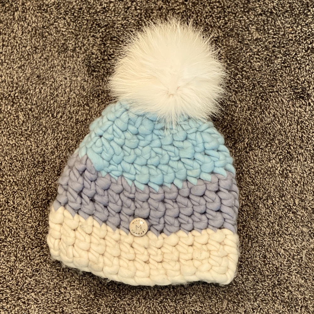 Mischa Lampert Color Block Beanie w/ white fur pom